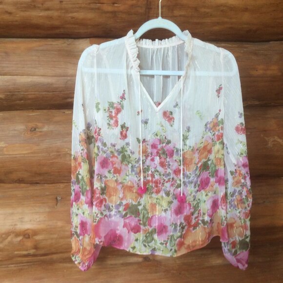 Rachel Zoe Sheer Metallic Floral Cottagecore Boho Festival Flowy Top Size Small* - Picture 1 of 3